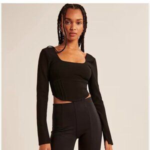 Abercrombie & Fitch Black Corset Long Sleeve Crop Top Square Neck Size Medium